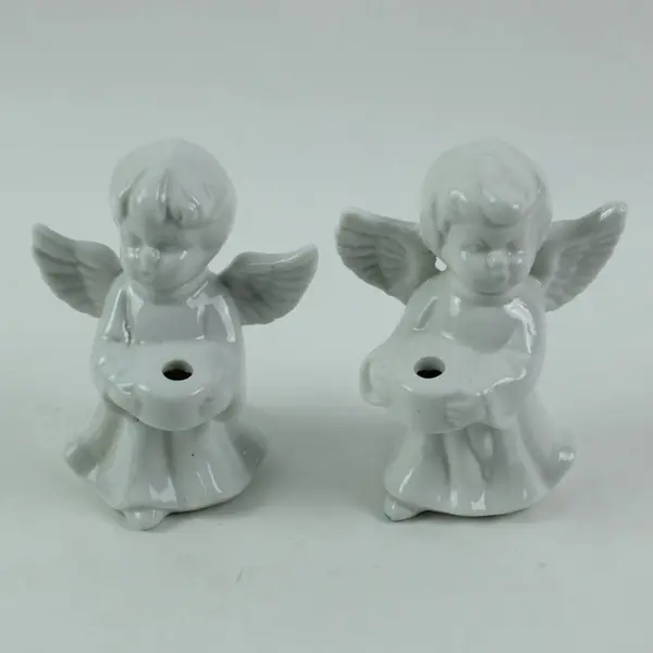 Pair White Ceramic Angel Candle Holders Christmas Original Blue Snowflake Box