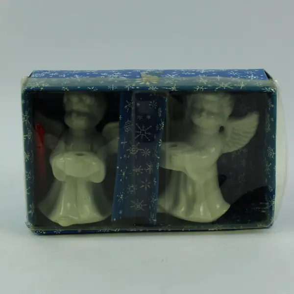 Pair White Ceramic Angel Candle Holders Christmas Original Blue Snowflake Box
