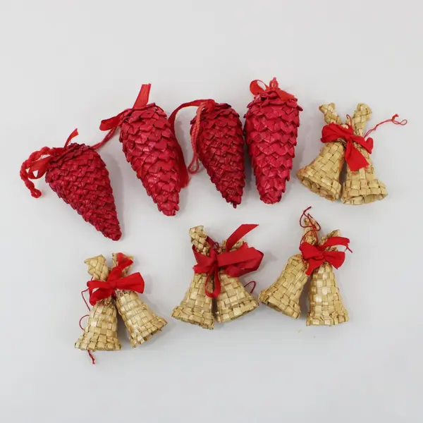 Scandinavian Style Woven Straw Bell & Red Pinecone Christmas Tree Ornaments