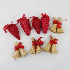 Scandinavian Style Woven Straw Bell & Red Pinecone Christmas Tree Ornaments