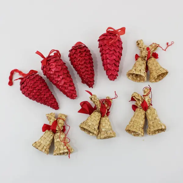 Scandinavian Style Woven Straw Bell & Red Pinecone Christmas Tree Ornaments