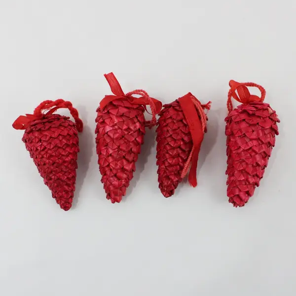 Scandinavian Style Woven Straw Bell & Red Pinecone Christmas Tree Ornaments