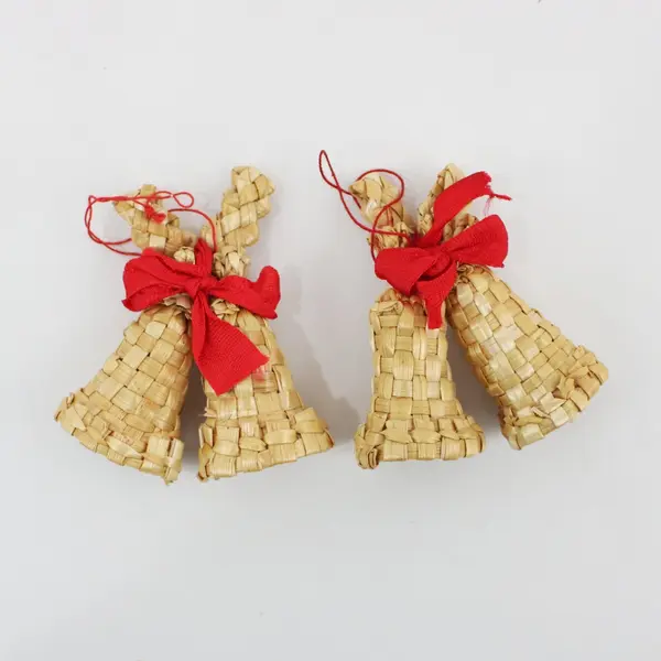 Scandinavian Style Woven Straw Bell & Red Pinecone Christmas Tree Ornaments
