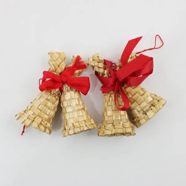Scandinavian Style Woven Straw Bell & Red Pinecone Christmas Tree Ornaments