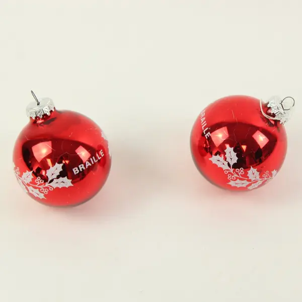 Lot of 2 Red Glass Christmas Ornaments Merry Christmas 4in BRAILLE-Style