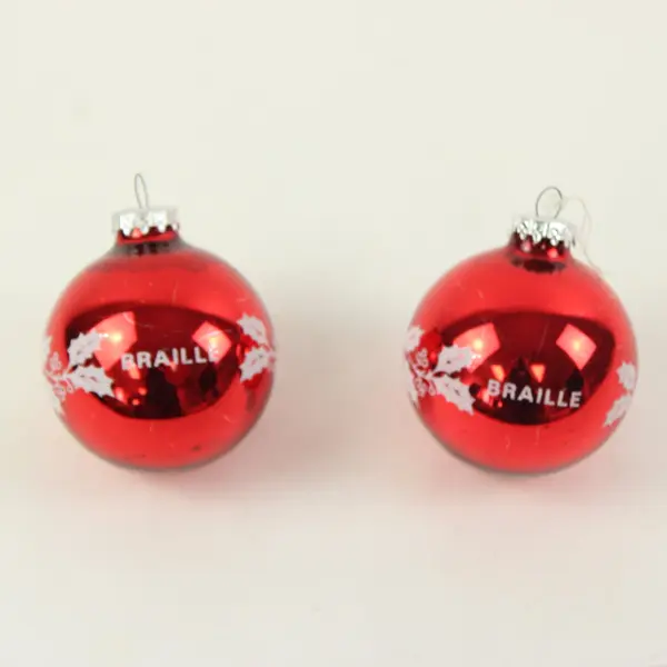 Lot of 2 Red Glass Christmas Ornaments Merry Christmas 4in BRAILLE-Style