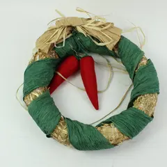 Handmade Straw Harvest Wreath Wrapped Green Crinkle Paper Chili Peppers Bow Good