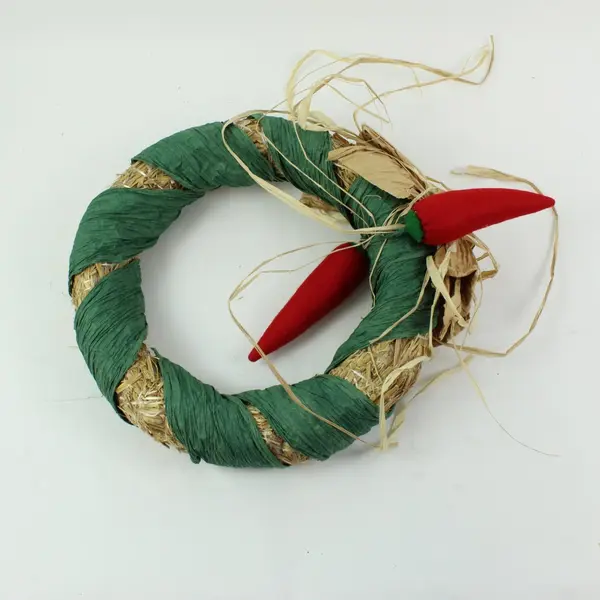 Handmade Straw Harvest Wreath Wrapped Green Crinkle Paper Chili Peppers Bow Good