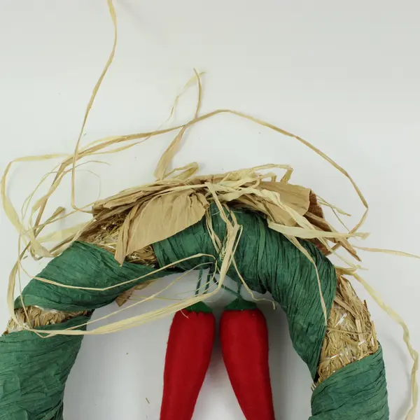 Handmade Straw Harvest Wreath Wrapped Green Crinkle Paper Chili Peppers Bow Good