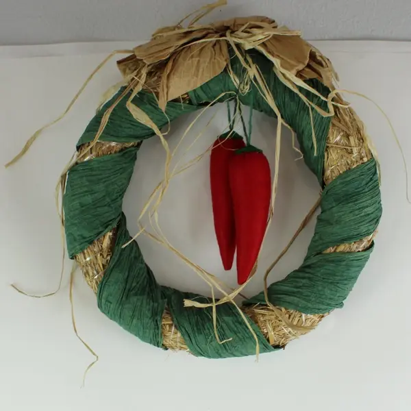 Handmade Straw Harvest Wreath Wrapped Green Crinkle Paper Chili Peppers Bow Good