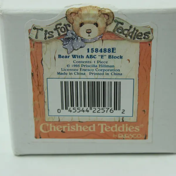 Enesco Cherished Teddies Bear ABC E Block 158488E 1995 Figurine