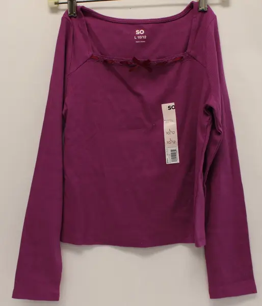 SO Girls Ribbed Long Sleeve Mauve Top Lace Trim Bow Cutout L 10/12