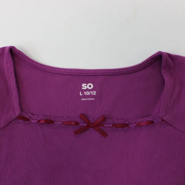 SO Girls Ribbed Long Sleeve Mauve Top Lace Trim Bow Cutout L 10/12