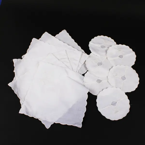 Linen Cocktail Napkins Set of 6 White Madeira Embroidery Scalloped Edge