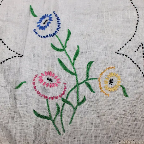 Vintage Hand Embroidered Floral Table Runner Dresser Scarf Crochet Edge