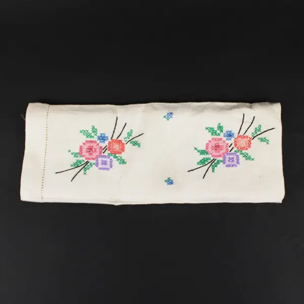 Floral Cross Stitch Embroidered White Fabric Panel