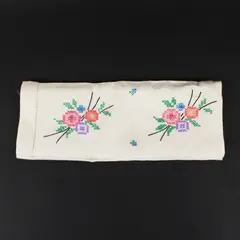 Floral Cross Stitch Embroidered White Fabric Panel