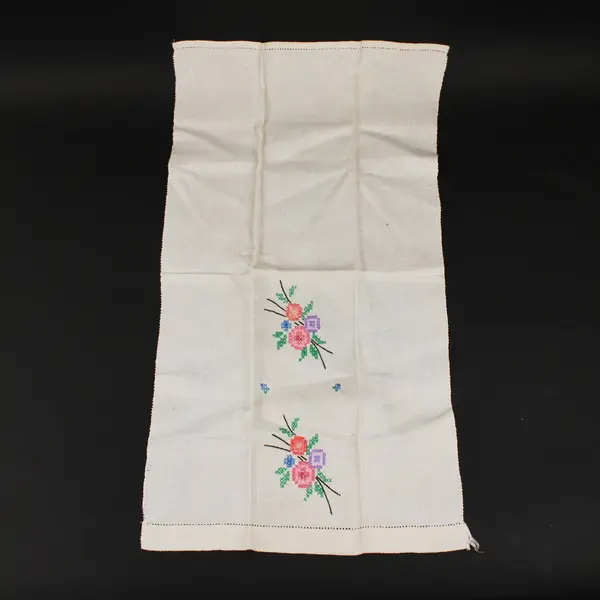 Floral Cross Stitch Embroidered White Fabric Panel
