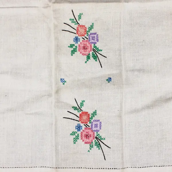 Floral Cross Stitch Embroidered White Fabric Panel