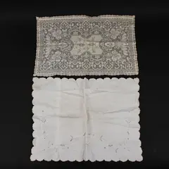 Lot of 2 Antique Lace Linen Table Napkins White Floral Edge