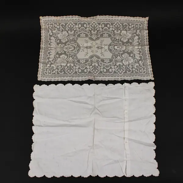 Lot of 2 Antique Lace Linen Table Napkins White Floral Edge
