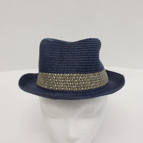 Navy Blue Straw Fedora Hat Textured Woven Patterned Band