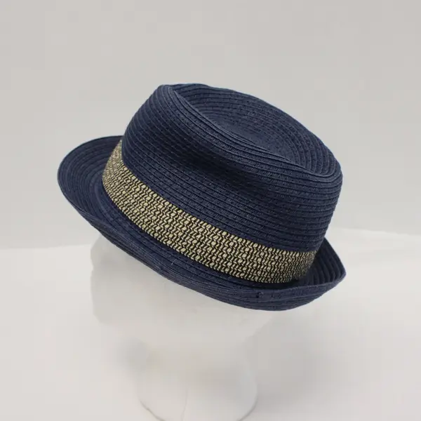 Navy Blue Straw Fedora Hat Textured Woven Patterned Band
