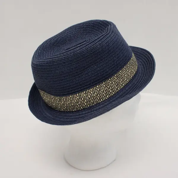 Navy Blue Straw Fedora Hat Textured Woven Patterned Band