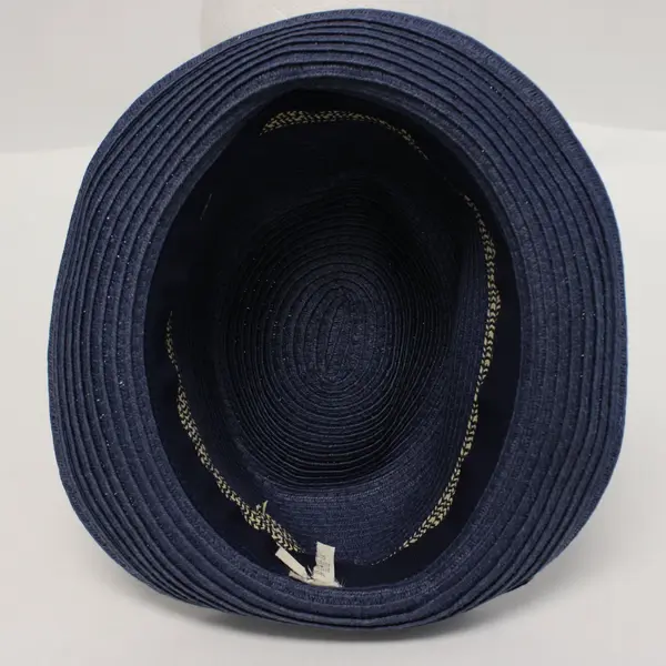 Navy Blue Straw Fedora Hat Textured Woven Patterned Band