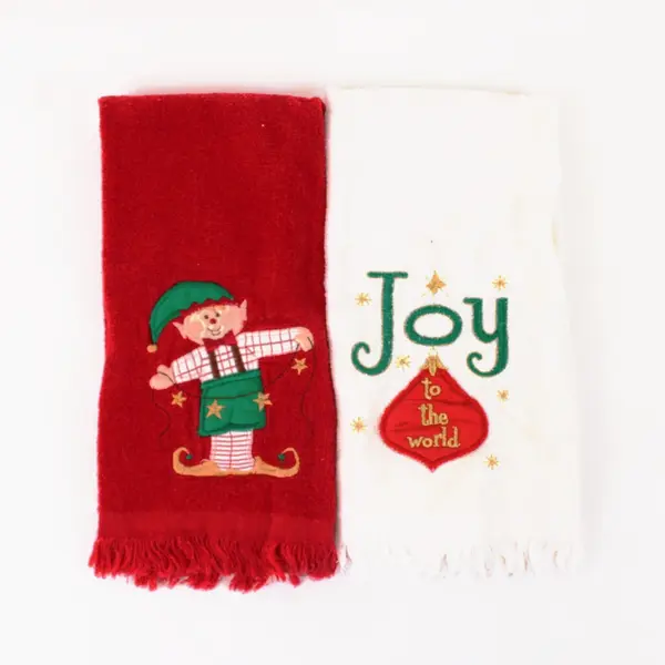 Cecil Saydah Lot of 2 Christmas Fingertip Towels Joy to the World Elf