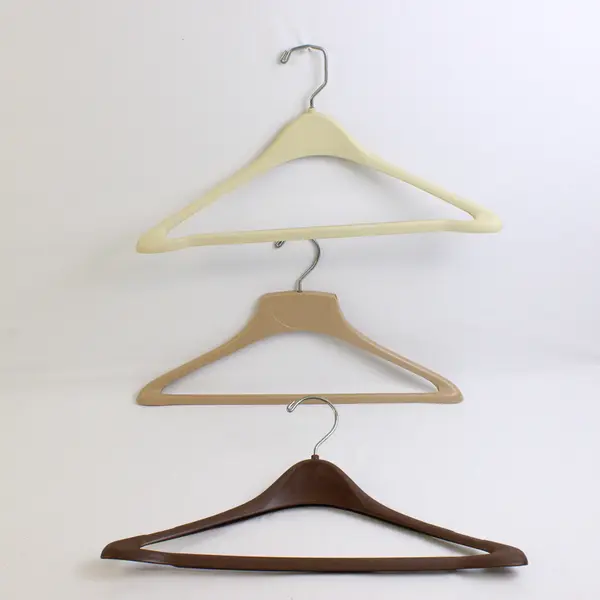Lot of 5 Tan & Brown Plastic Suit Hangers John Thomas BATTS Closet Storage