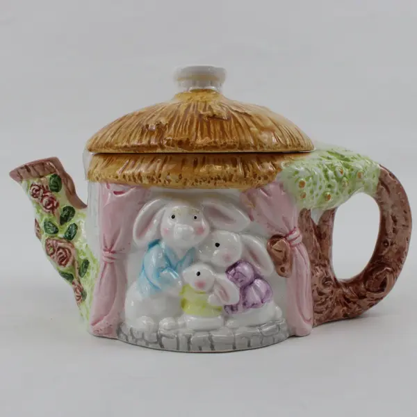 OCI Omnibus by Fitz & Floyd Ceramic Bunny Family Cottage Teapot with Lid