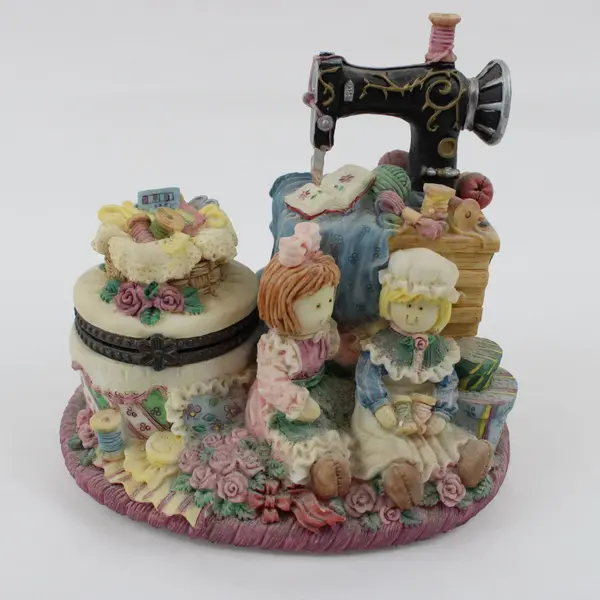 Sewing Machine Trinket Box Figurine Opens Two Seated Figures Floral