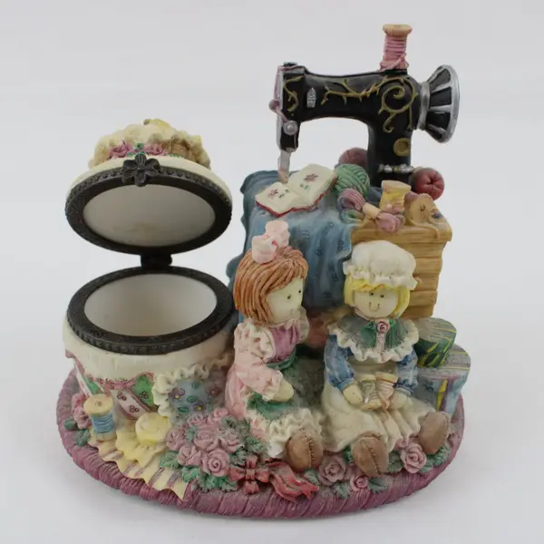 Sewing Machine Trinket Box Figurine Opens Two Seated Figures Floral