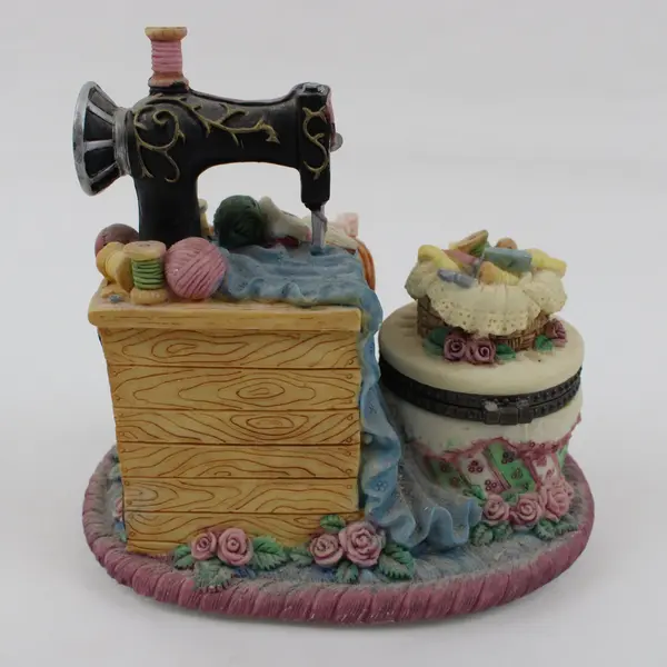 Sewing Machine Trinket Box Figurine Opens Two Seated Figures Floral