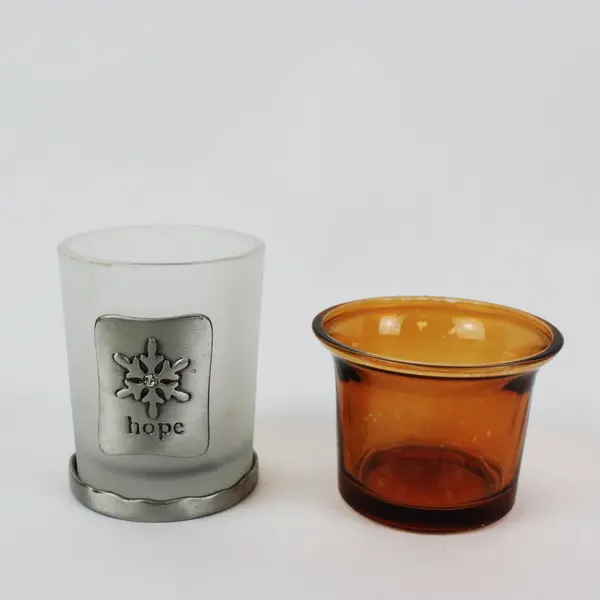 Lot of 2 Amber Frosted Snowflake Hope Votive Tealight Candle Holders