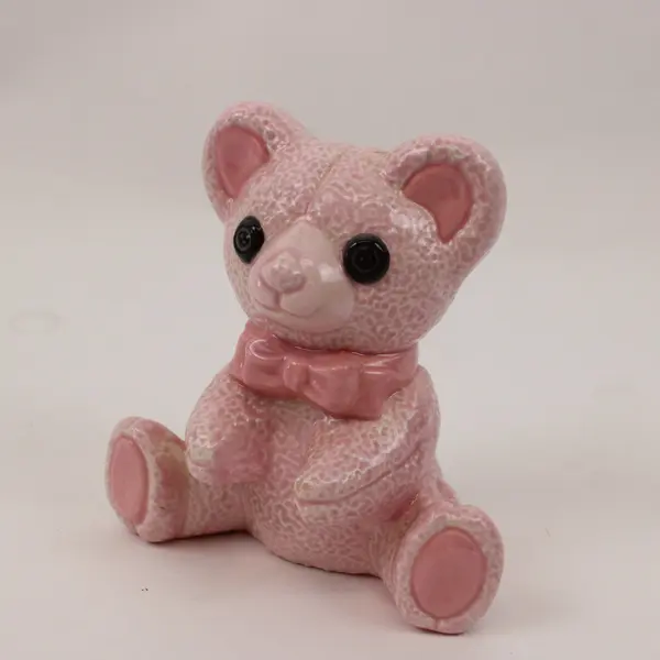 Pink Ceramic Bear Figurine Seated Bow Underside Handwritten 1984 Unclear Marking