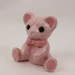 Pink Ceramic Bear Figurine Seated Bow Underside Handwritten 1984 Unclear Marking