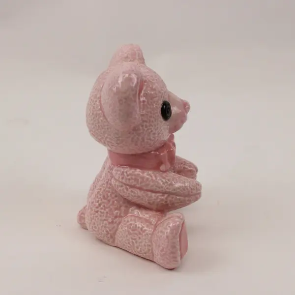 Pink Ceramic Bear Figurine Seated Bow Underside Handwritten 1984 Unclear Marking