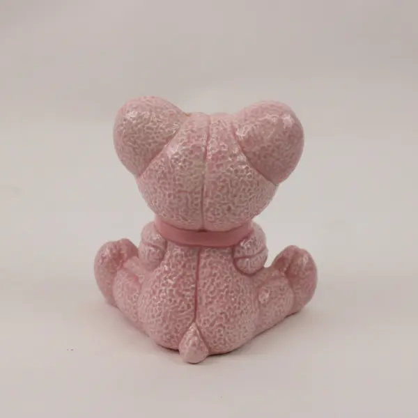 Pink Ceramic Bear Figurine Seated Bow Underside Handwritten 1984 Unclear Marking