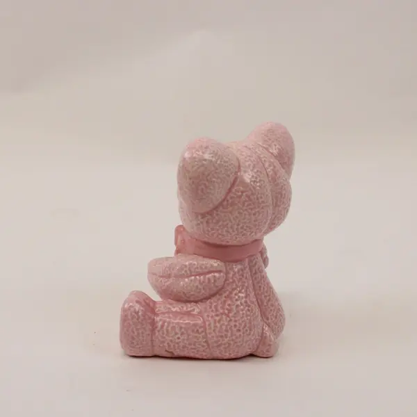 Pink Ceramic Bear Figurine Seated Bow Underside Handwritten 1984 Unclear Marking