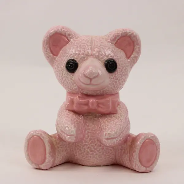 Pink Ceramic Bear Figurine Seated Bow Underside Handwritten 1984 Unclear Marking