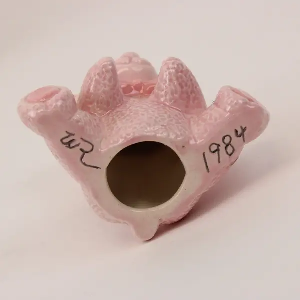 Pink Ceramic Bear Figurine Seated Bow Underside Handwritten 1984 Unclear Marking