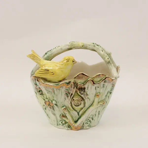 UCAGCO Ceramic Yellow Bird Basket Floral Scalloped Rim Handle