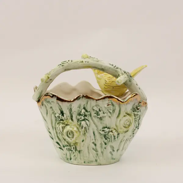UCAGCO Ceramic Yellow Bird Basket Floral Scalloped Rim Handle