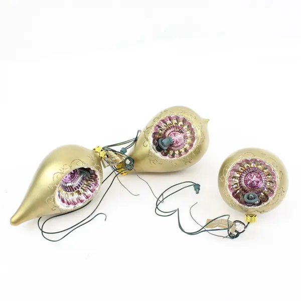 Roman Inc Lot of 3 Gold Pink Floral Christmas Indent Ornaments Teardrop