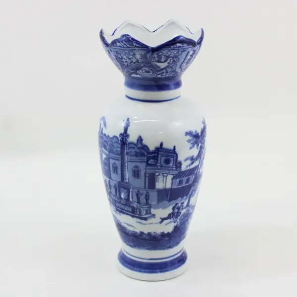 Blue White Portuguese Ceramic Transferware Vase Village Scene Collectible