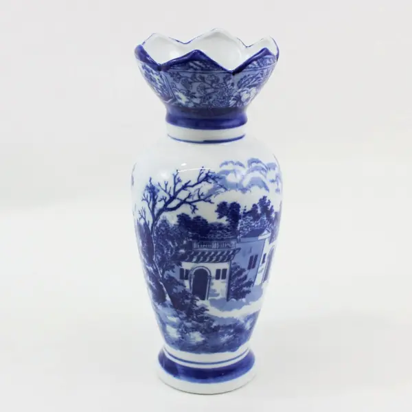 Blue White Portuguese Ceramic Transferware Vase Village Scene Collectible