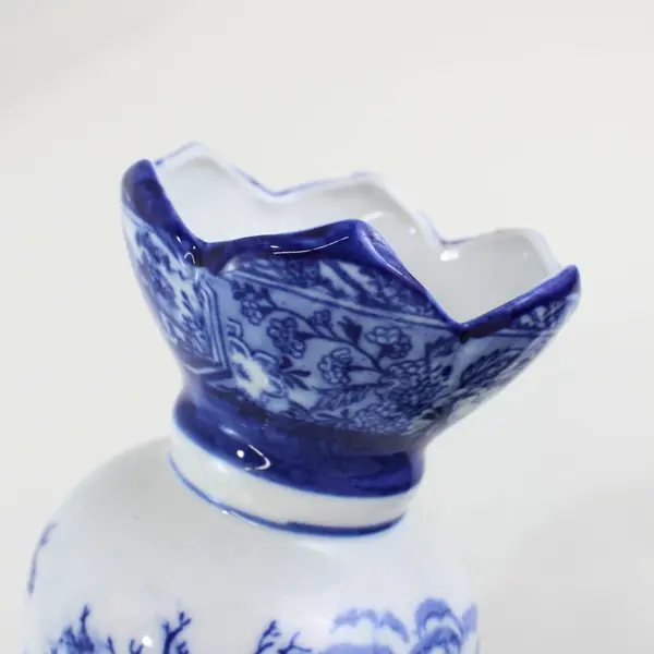 Blue White Portuguese Ceramic Transferware Vase Village Scene Collectible