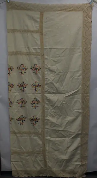 Hand Embroidered Lace Trim Tablecloth Floral Folk Motif Cream 39x39 